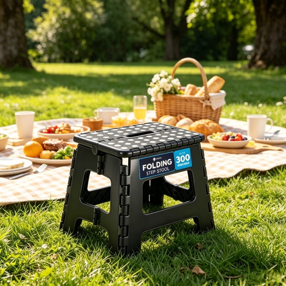 JONPONY Folding Step Stool with Handle Anti-Slip Foot Stool with 9 Inch Height - Holds Up to 300 lbs - Sturdy Plastic Foldable Step Stool for Kitchen, Bathroom & Living Room (Black)