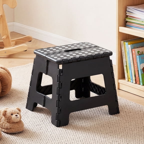 JONPONY Folding Step Stool with Handle Anti-Slip Foot Stool with 9 Inch Height - Holds Up to 300 lbs - Sturdy Plastic Foldable Step Stool for Kitchen, Bathroom & Living Room (Black)