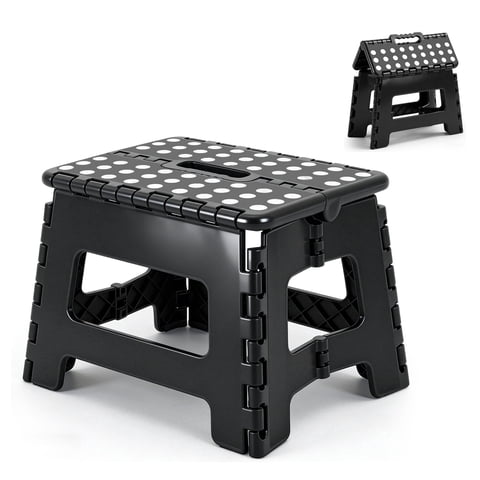 JONPONY Folding Step Stool with Handle Anti-Slip Foot Stool with 9 Inch Height - Holds Up to 300 lbs - Sturdy Plastic Foldable Step Stool for Kitchen, Bathroom & Living Room (Black)