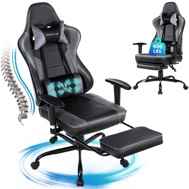 JONPONY Big and Tall Gaming Chair with Footrest 400lbs Massage Gamer Chair with Memory Foam Adjustable Tilt Back Angle & Armrest, High Back Leather Computer Office Chair,Grey