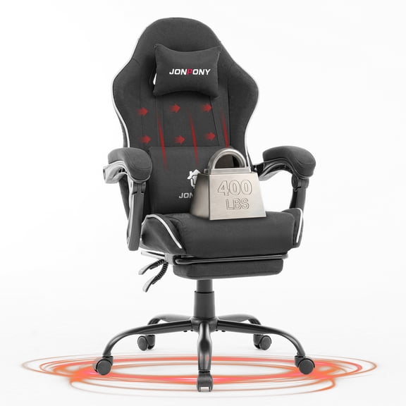 JONPONY Gaming Chair,400LBS Fabric Gamer Chair with footrest for Adults, High Back Ergonomic Computer Game Chair with Adjustable Headrest and Lumbar Support,Black
