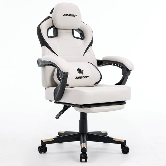 JONPONY Big and Tall Gaming Chair,Ergonomic Design with Lumbar Cushion and Footrest,High Back Office Chair Support 8 Hours Long Sitting, Computer Chair,WHITE