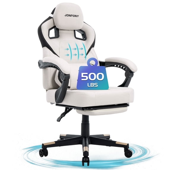 JONPONY Big and Tall Gaming Chair,Ergonomic Design with Lumbar Cushion and Footrest,High Back Office Chair Support 8 Hours Long Sitting, Computer Chair,WHITE