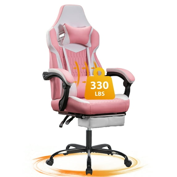Ergonomic Gaming Chair with Adjustable Footrest and Lumbar Support,High Back Racing Style Office Chair, PU Leather Computer Desk Chair with Headrest for Adults ,Pink White