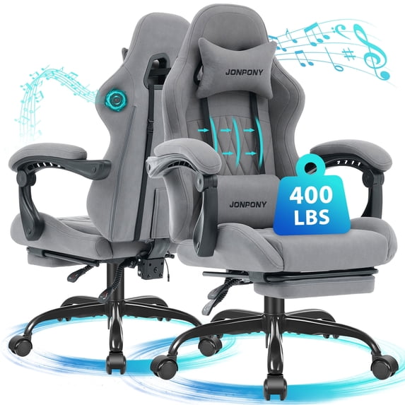 JONPONY Big and Tall Gaming Chair with Bluetooth Speakers, Ergonomic Computer Chair with Footrest and Lumbar Support, Adjustable Height Reclining Seat with Linkage Armrests for Adults,Dark Grey