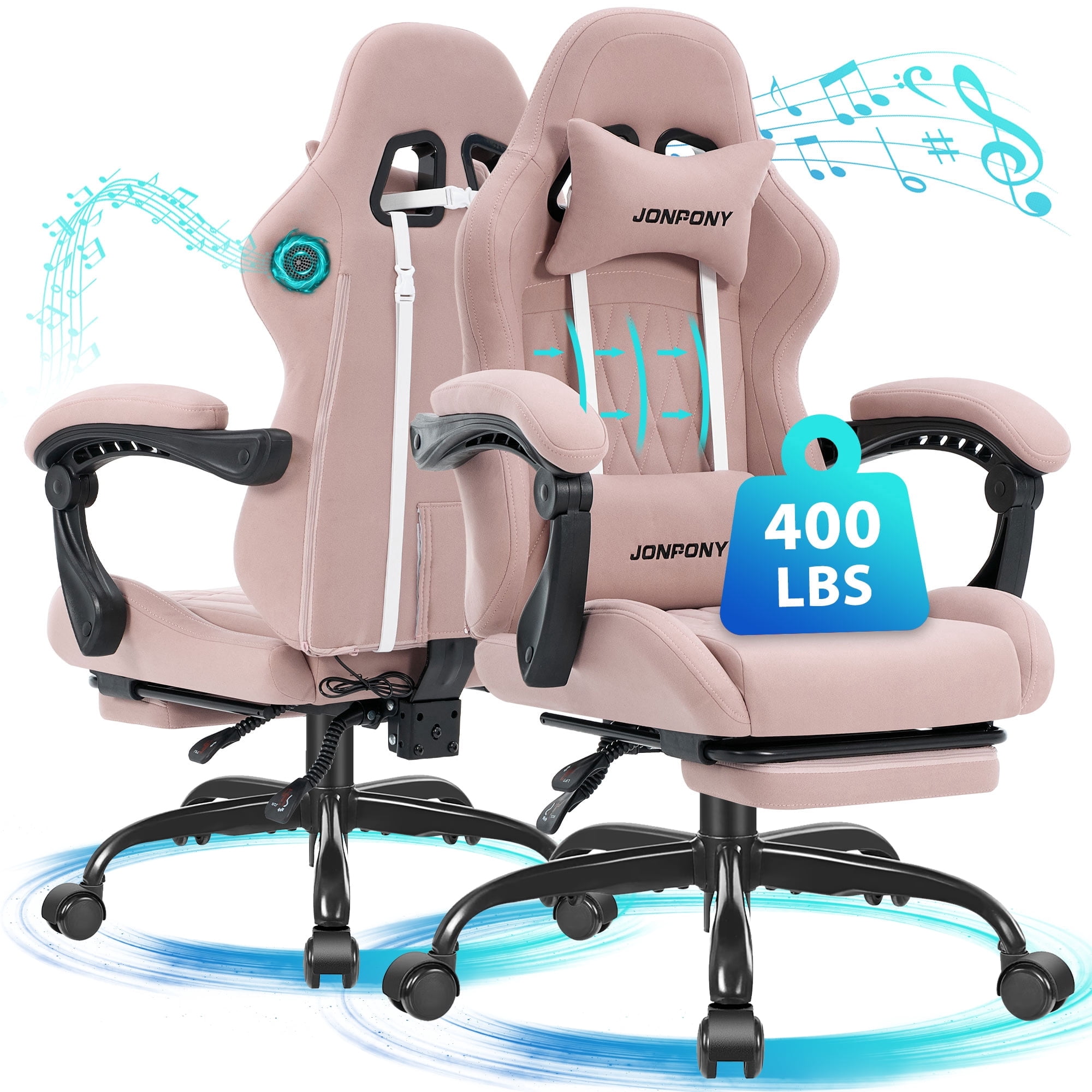 JONPONY Big and Tall Gaming Chair with Bluetooth Speakers, Ergonomic Computer Chair with Footrest and Lumbar Support, Adjustable Height Reclining Seat with Linkage Armrests for Adults,Pink