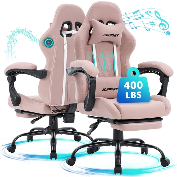 JONPONY Gaming Chair,Gamer Chair with Bluetooth and Adjustable Backrest,Seat Height Adjustable Computer Chairs with 2D Armrests,Office Chair with Footrest Speakers，PINK