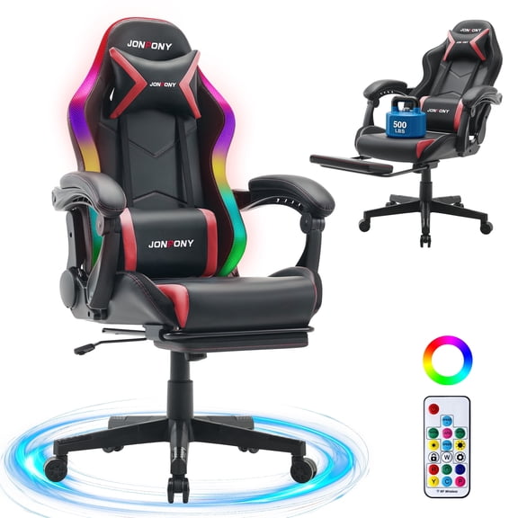 JONPONY Gaming Chair,Racing Style RGB LED Lights,Ergonomic Video Game Chair with Footrest and Lumbar Support ,High Back Reclining Computer Chair for Adults (Black/Red))