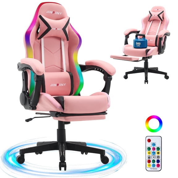 JONPONY Gaming Chair,Racing Style RGB LED Lights,Ergonomic Video Game Chair with Footrest and Lumbar Support ,High Back Reclining Computer Chair for Adults (Pink))