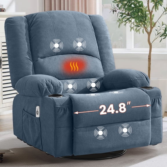 JONPONY Heated Manual Massage Recliner with 360° Swivel Rocker, Comfy Single Sofa with Side Pockets and Cup Holders for Living Room, Bedroom, and Home Theater, Blue
