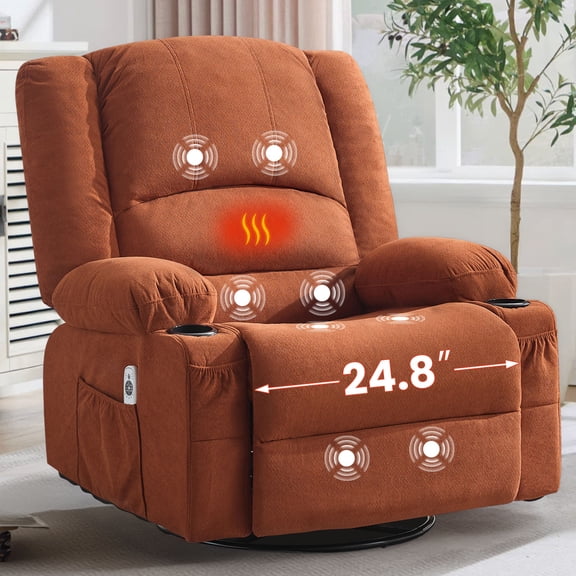 JONPONY Heated Manual Massage Recliner with 360° Swivel Rocker, Comfy Single Sofa with Side Pockets and Cup Holders for Living Room, Bedroom, and Home Theater, Brown