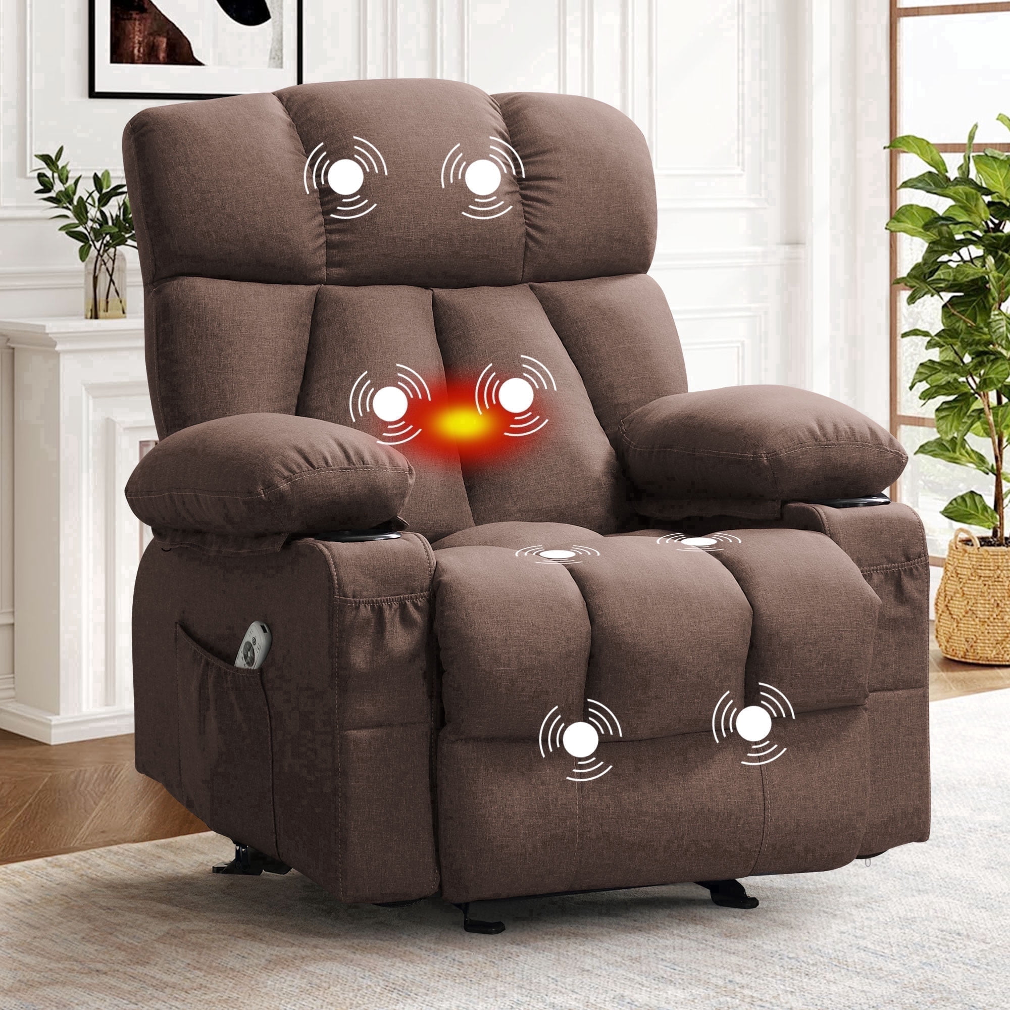 JONPONY Heated Manual Massage Recliner with Cup Holder, Single Rocker Sofa with Cup Holders for Bedroom Home Theater,Brown