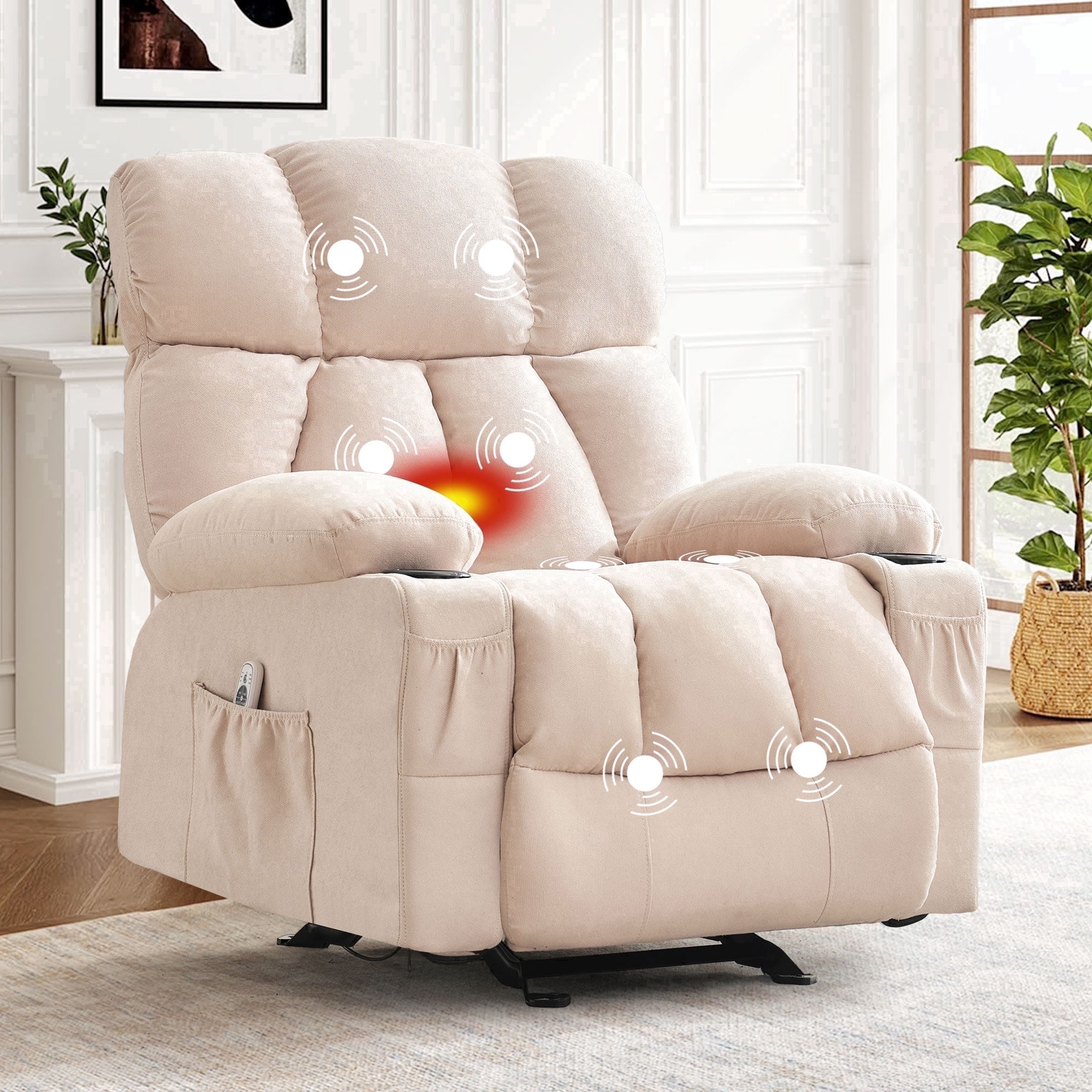JONPONY Heated Manual Massage Recliner with Cup Holder, Single Rocker Sofa with Cup Holders for Bedroom Home Theater,Dark Beige