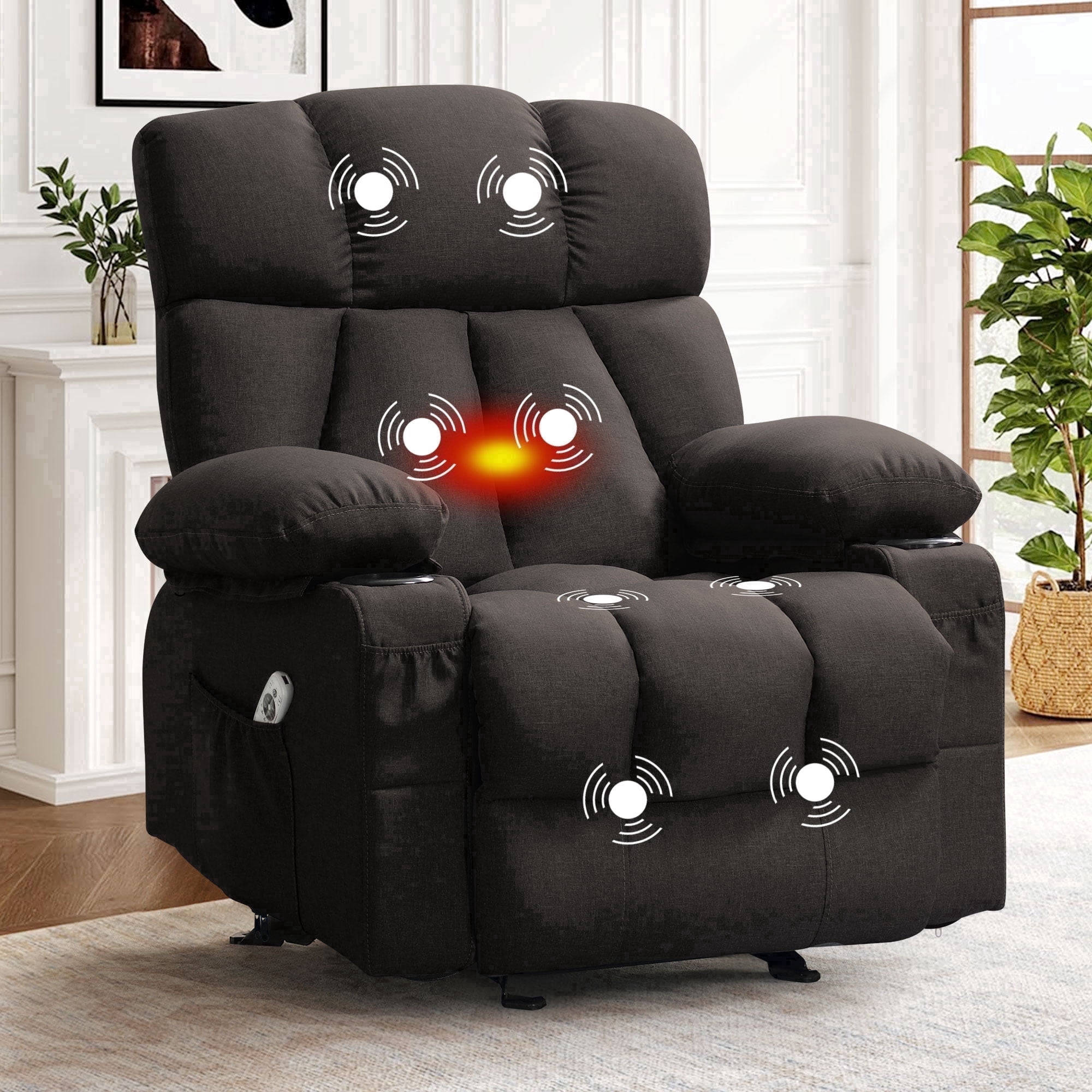 JONPONY Heated Manual Massage Recliner with Cup Holder, Single Rocker Sofa with Cup Holders for Bedroom Home Theater,Dark Black