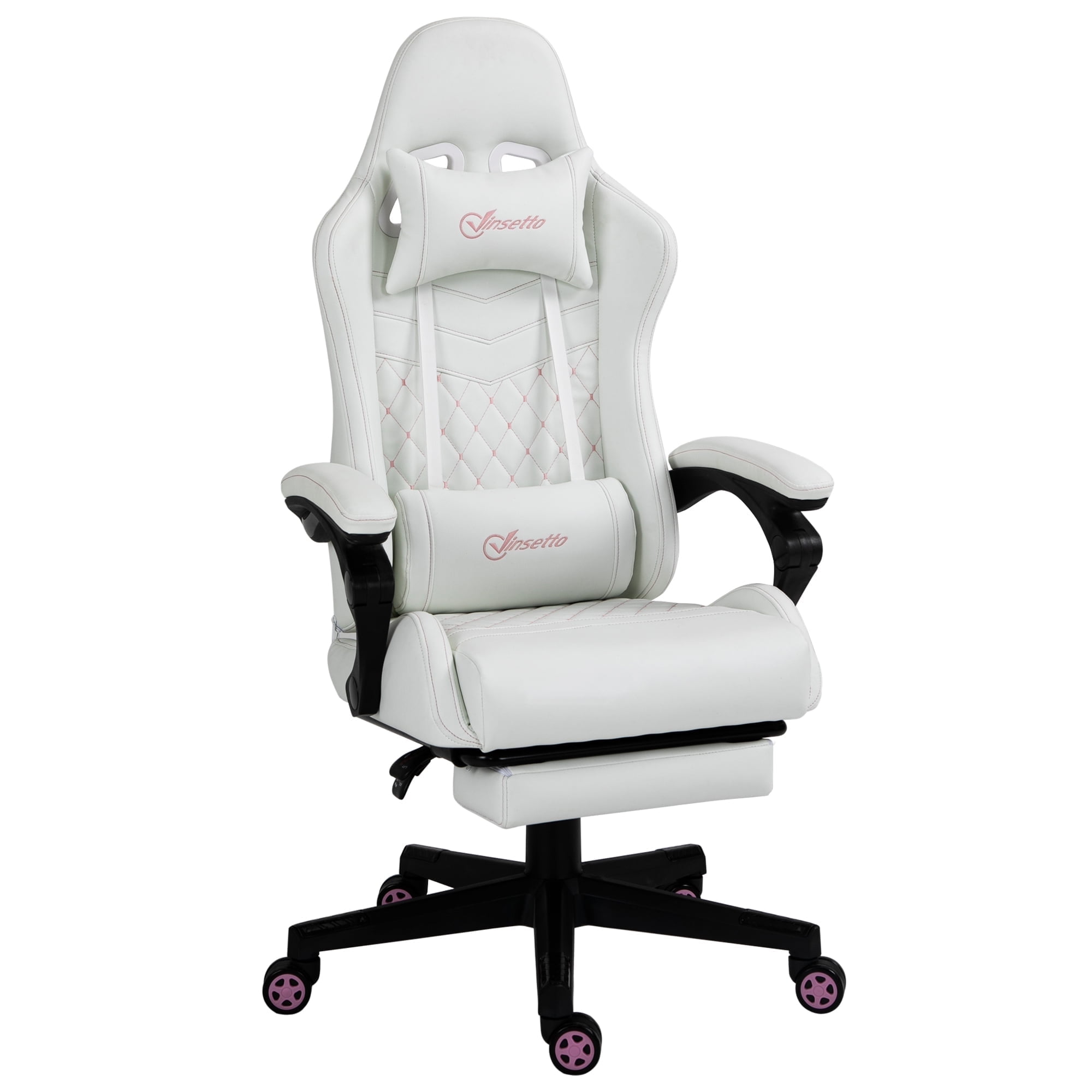 White and Pink Faux Leather Adjustable Gaming Chair with Headrest