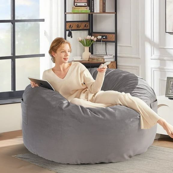 JONPONY Bean Bag Chair for Adults, Oversized Beanbag for Gaming Reading Foam Filled Couch Furniture with Soft Removable Cover, Giant Round Comfy Sofa for Living Room Bedroom College Dorm,Dark Gray