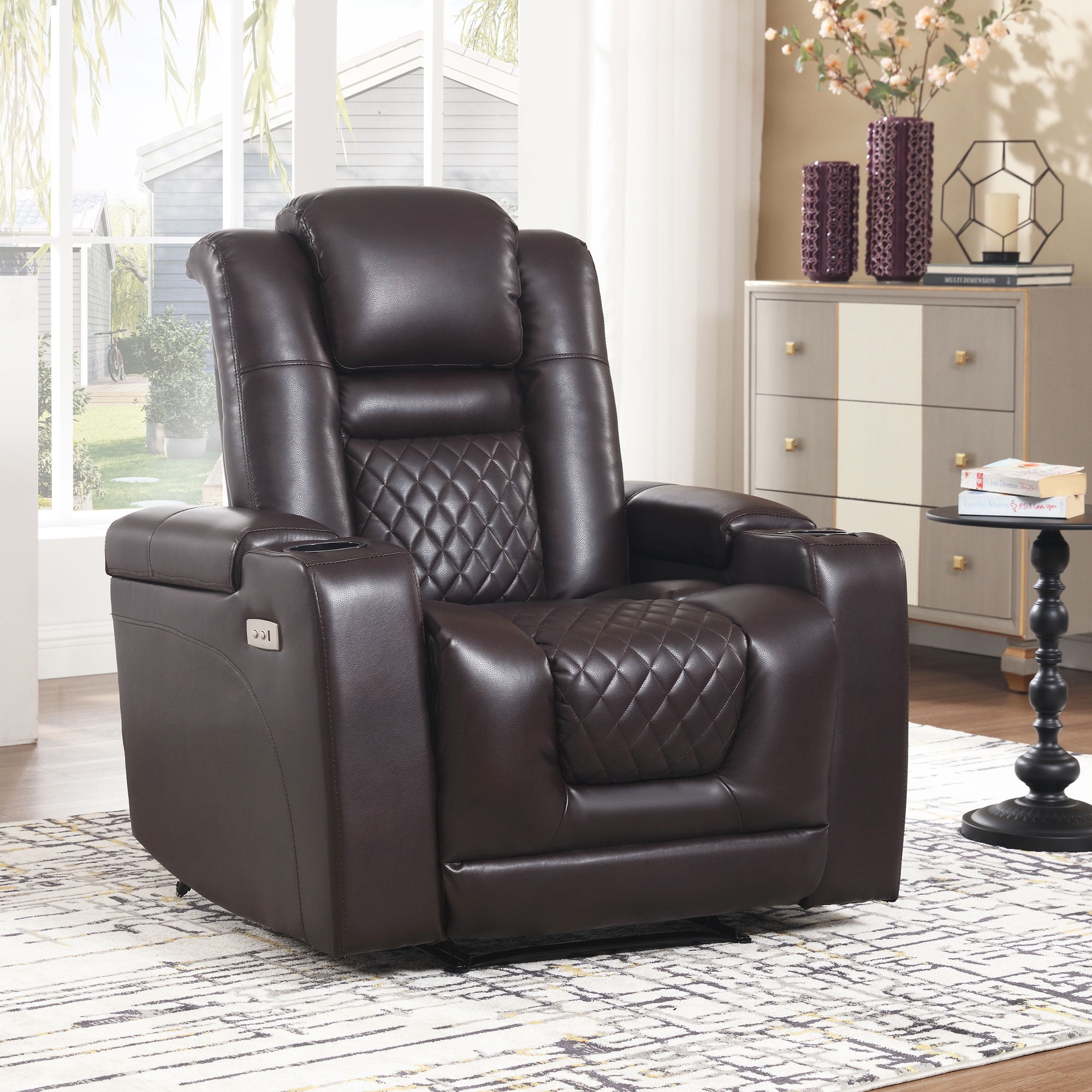 Free Shipping EUROCO PU Leather Home Theater Recliner Power Recliner Adjustable Recliner with Bluetooth Speaker USB Ports Tray Table Arm Storage footrest Cup Holder and LED Lights Grey Walmart