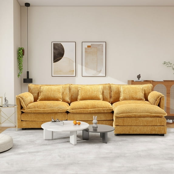 JONPONY 111" Cloud Couch,L Shaped Modular Sectional Sofa with Movable Ottoman, Deep Seat Sleeper Couches for Living Room,Chenille Yellow