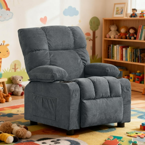JONPONY Kids Recliner Chair,Push Back Toddler Recliner with Cup Holders & Side Pockets,Adjustable Footrest & Headrest Kids Sofa for Boys Girls 3+ Age Group, Blue