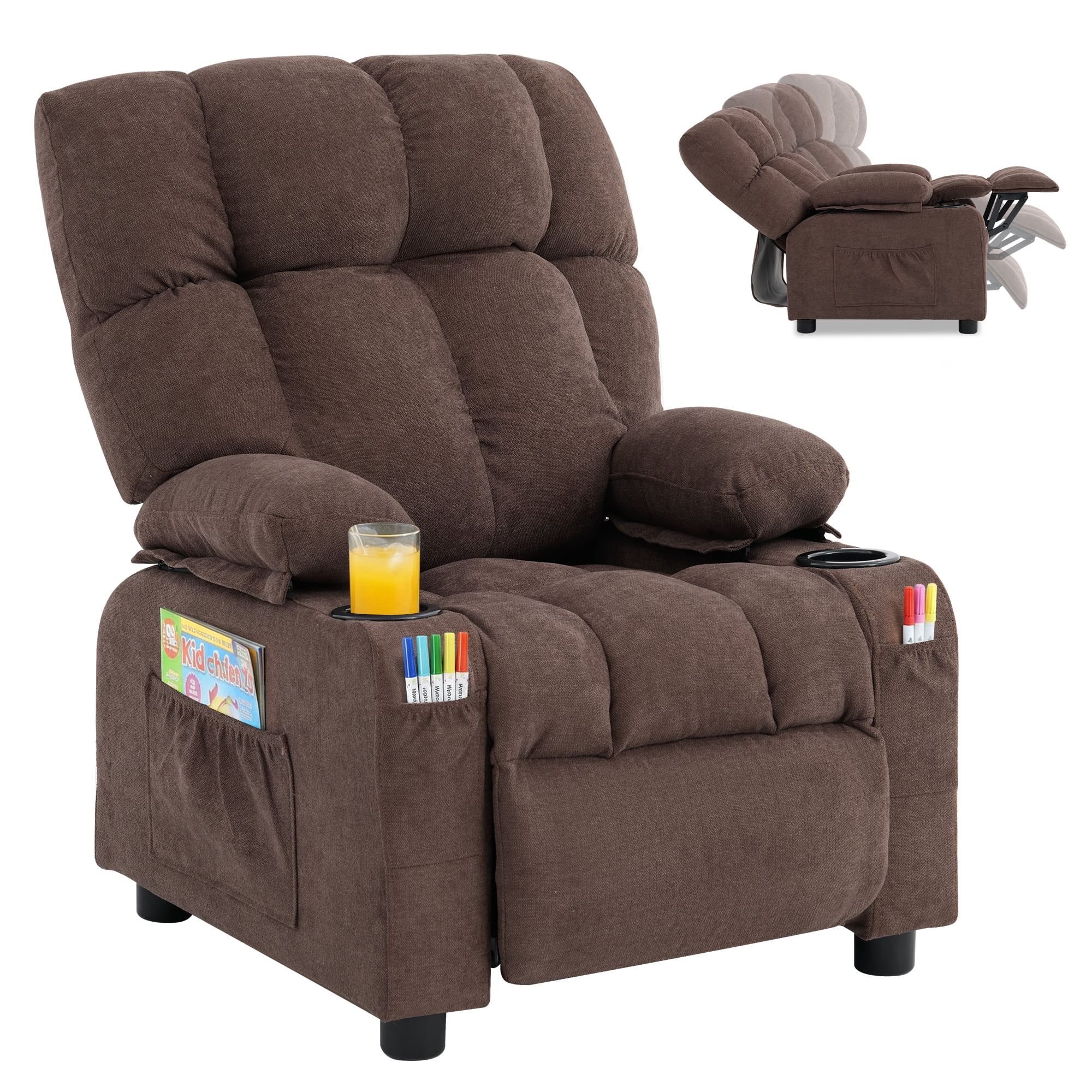 JONPONY Kids Recliner Chair,Push Back Toddler Recliner with Cup Holders & Side Pockets，Adjustable Footrest & Headrest Kids Sofa for Boys Girls 3+ Age Group，Children's Bedroom Furniture ，Brown