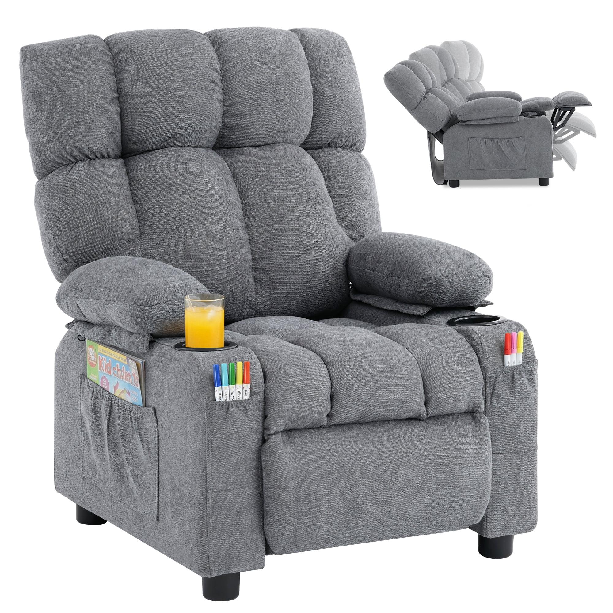 JONPONY Kids Recliner Chair,Push Back Toddler Recliner with Cup Holders & Side Pockets，Adjustable Footrest & Headrest Kids Sofa for Boys Girls 3+ Age Group，Children's Bedroom Furniture ，Grey