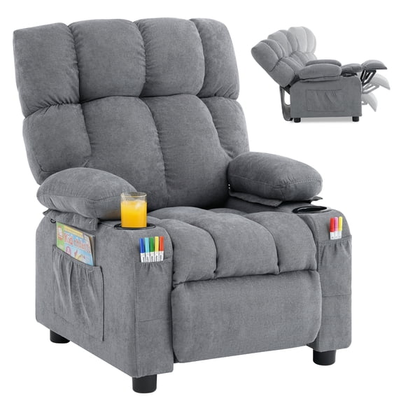 JONPONY Kids Recliner Chair,Push Back Toddler Recliner with Cup Holders & Side Pockets,Adjustable Footrest & Headrest Kids Sofa for Boys Girls 3+ Age Group,Children's Bedroom Furniture ,Grey