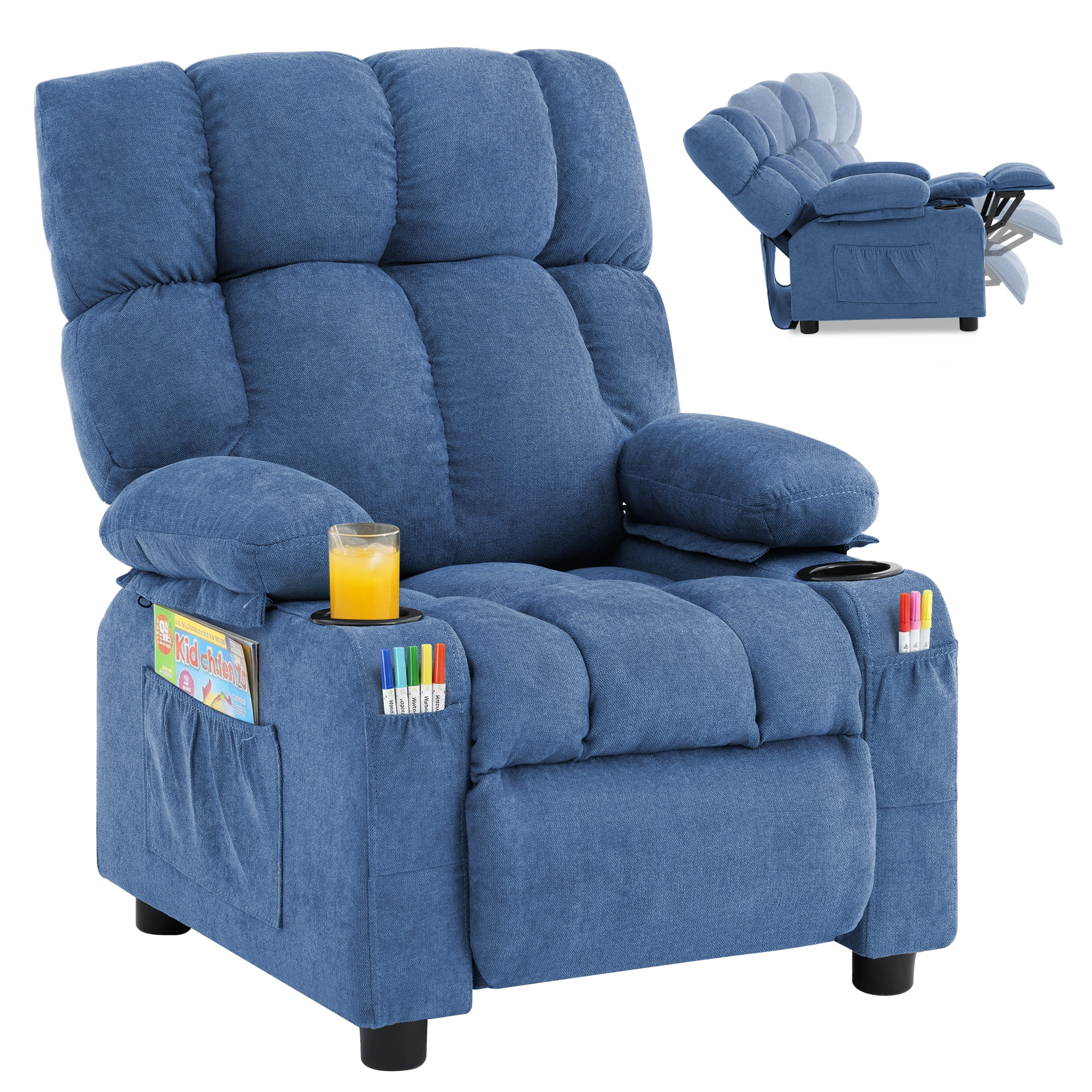 JONPONY Kids Recliner Chair,Push Back Toddler Recliner with Cup Holders & Side Pockets，Adjustable Footrest & Headrest Kids Sofa for Boys Girls 3+ Age Group，Children's Bedroom Furniture，Blue