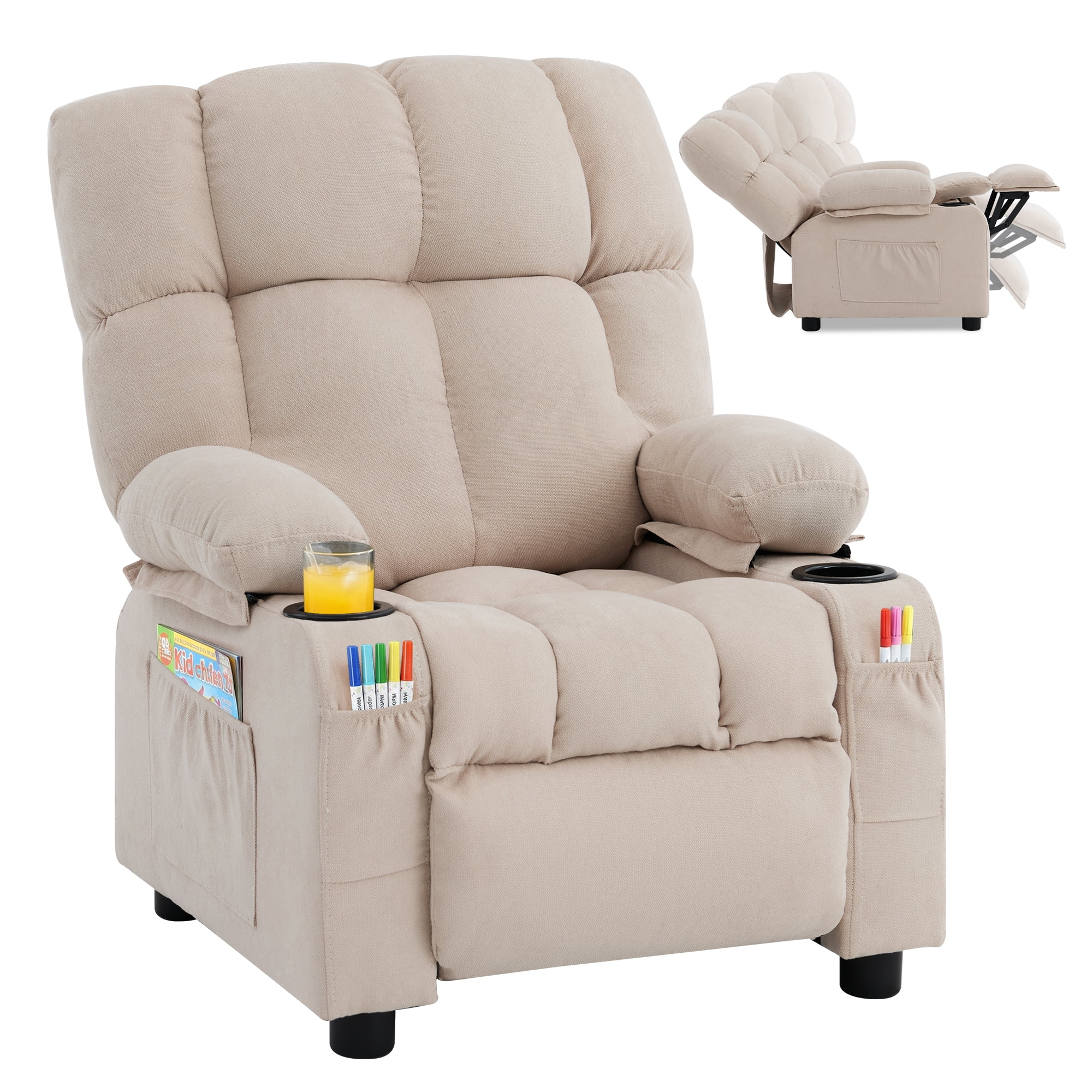 JONPONY Kids Recliner Chair,Push Back Toddler Recliner with Cup Holders & Side Pockets，Adjustable Footrest & Headrest Kids Sofa for Boys Girls 3+ Age Group，Children's Bedroom Furniture ，Beige