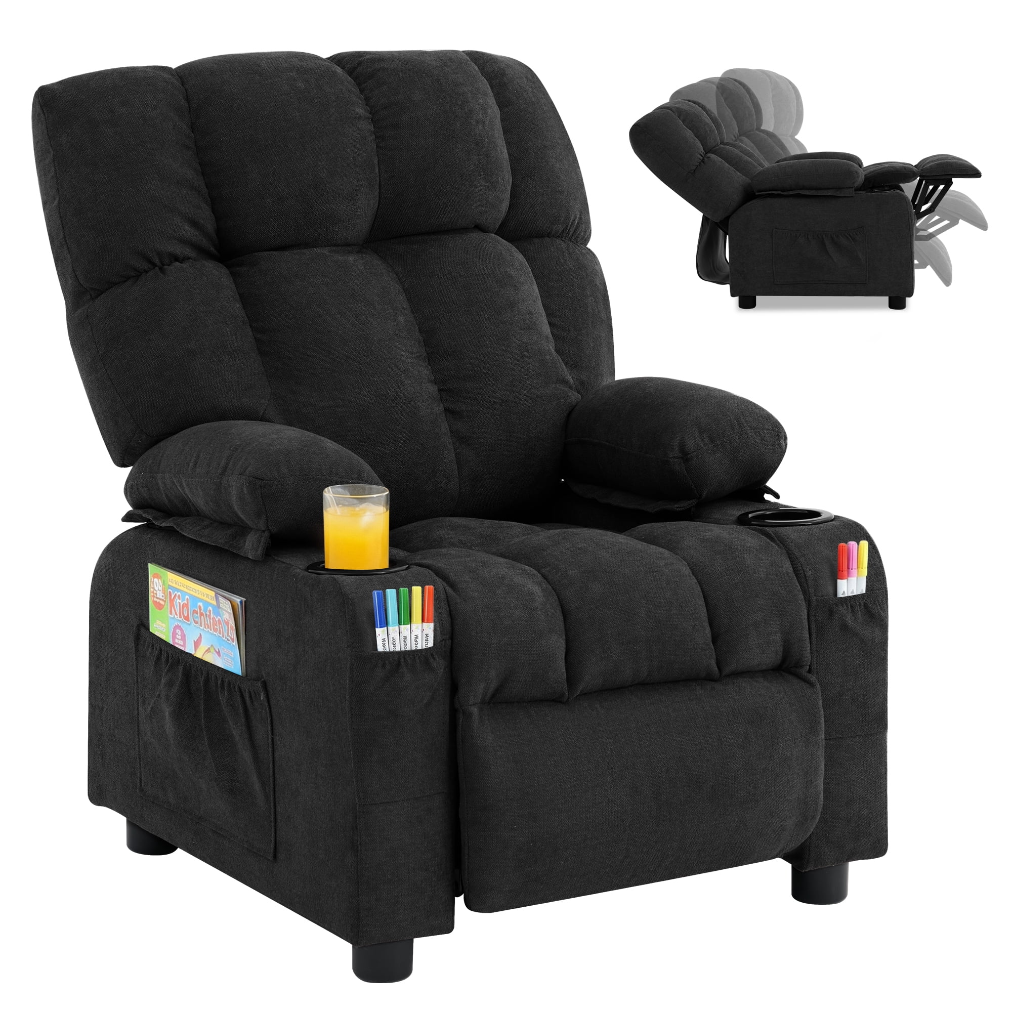 JONPONY Kids Recliner Chair,Push Back Toddler Recliner with Cup Holders & Side Pockets，Adjustable Footrest & Headrest Kids Sofa for Boys Girls 3+ Age Group，Children's Bedroom Furniture，Black