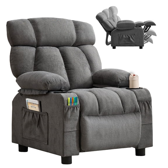 JONPONY Kids Recliner Chair,Push Back Toddler Recliner with Cup Holders & Side Pockets,Adjustable Footrest & Headrest Kids Sofa for Boys Girls 3 Age Group, Grey
