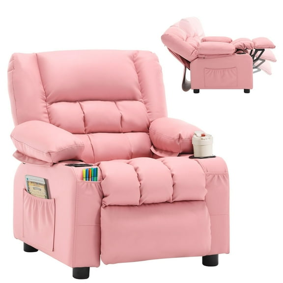 JONPONY Kids Recliner Chair,Push Back Toddler Recliner with Cup Holders & Side Pockets, Adjustable Footrest & Headrest Kids Sofa for Boys Girls 3+ Age Group, Pink
