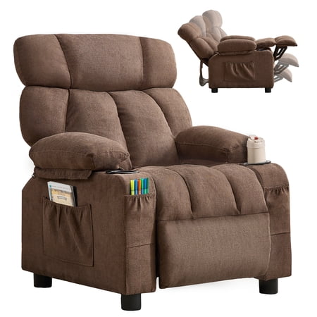 JONPONY Kids Recliner Chair,Push Back Toddler Recliner with Cup Holders & Side Pockets,Adjustable Footrest & Headrest Kids Sofa for Boys Girls 3+ Age Group, Brown