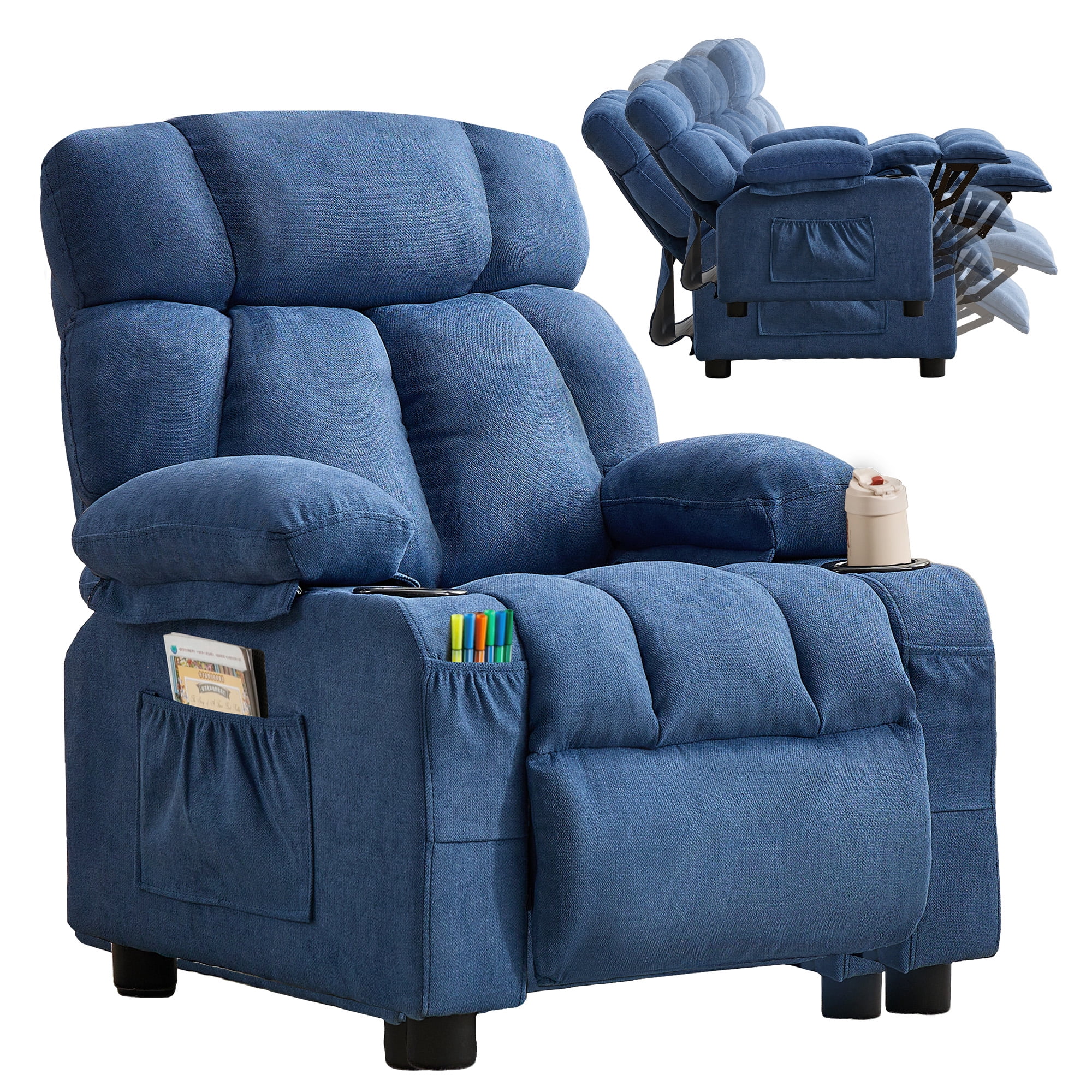 JONPONY Kids Recliner Chair,Push Back Toddler Recliner with Cup Holders & Side Pockets,Adjustable Footrest & Headrest Kids Sofa for Boys Girls 3+ Age Group, Dark Blue