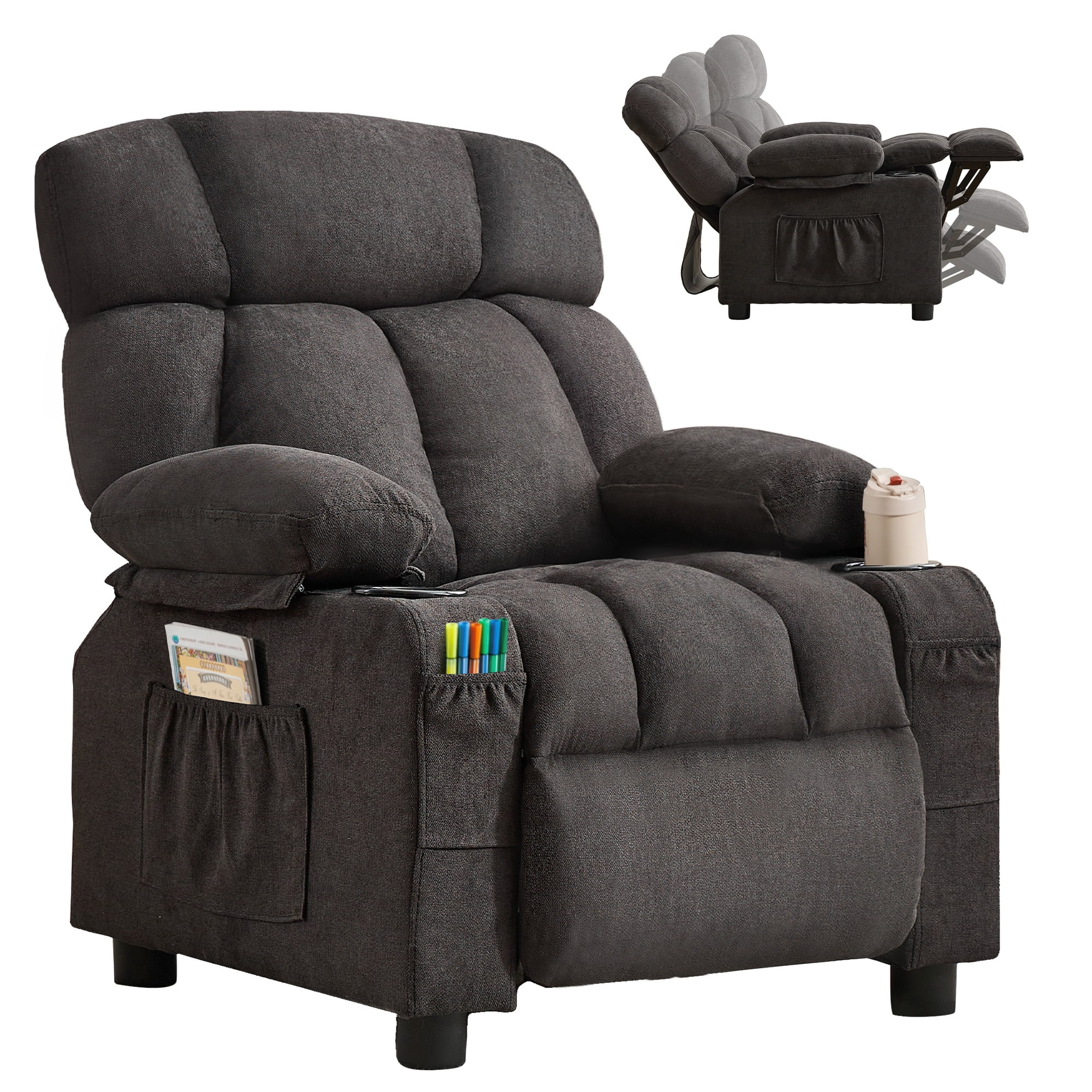 JONPONY Kids Recliner Chair,Push Back Toddler Recliner with Cup Holders & Side Pockets,Adjustable Footrest & Headrest Kids Sofa for Boys Girls 3+ Age Group, Black