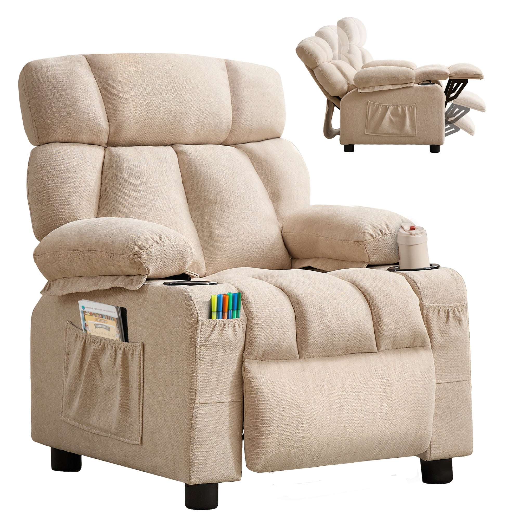 JONPONY Kids Recliner Chair,Push Back Toddler Recliner with Cup Holders & Side Pockets,Adjustable Footrest & Headrest Kids Sofa for Boys Girls 3+ Age Group, Beige