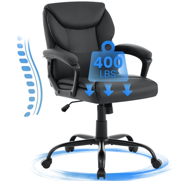 JONPONY Leather Office Chair, Big and Tall 400lbs Ergonomic Desk Chairs with Back Support, Executive Leather Chair with Wheels for Home Office, 360°Swivel Free, Black