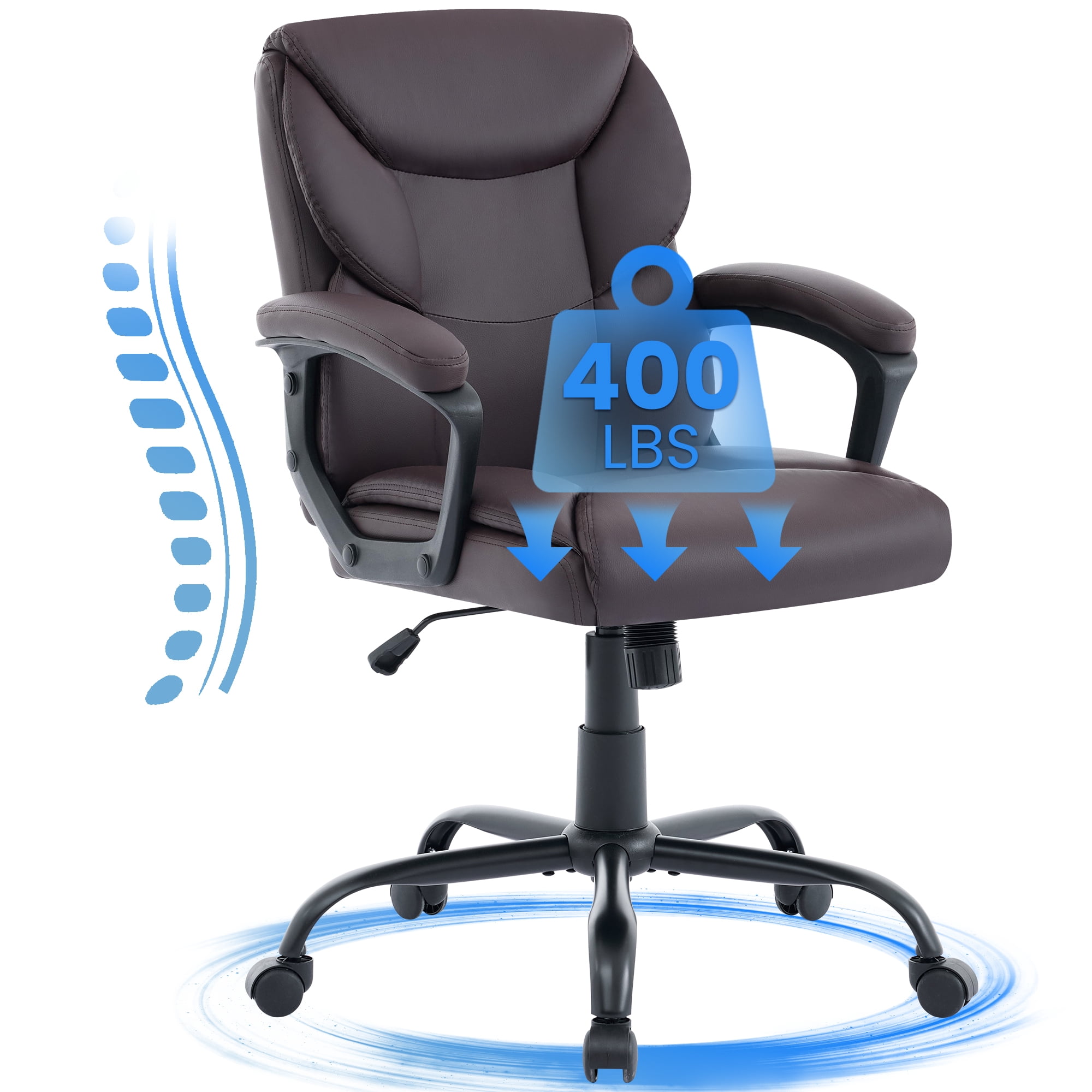 JONPONY Leather Office Chair, Big and Tall 400lbs Ergonomic Desk Chairs with Back Support, Executive Leather Chair with Wheels for Home Office, 360°Swivel Free, Brown