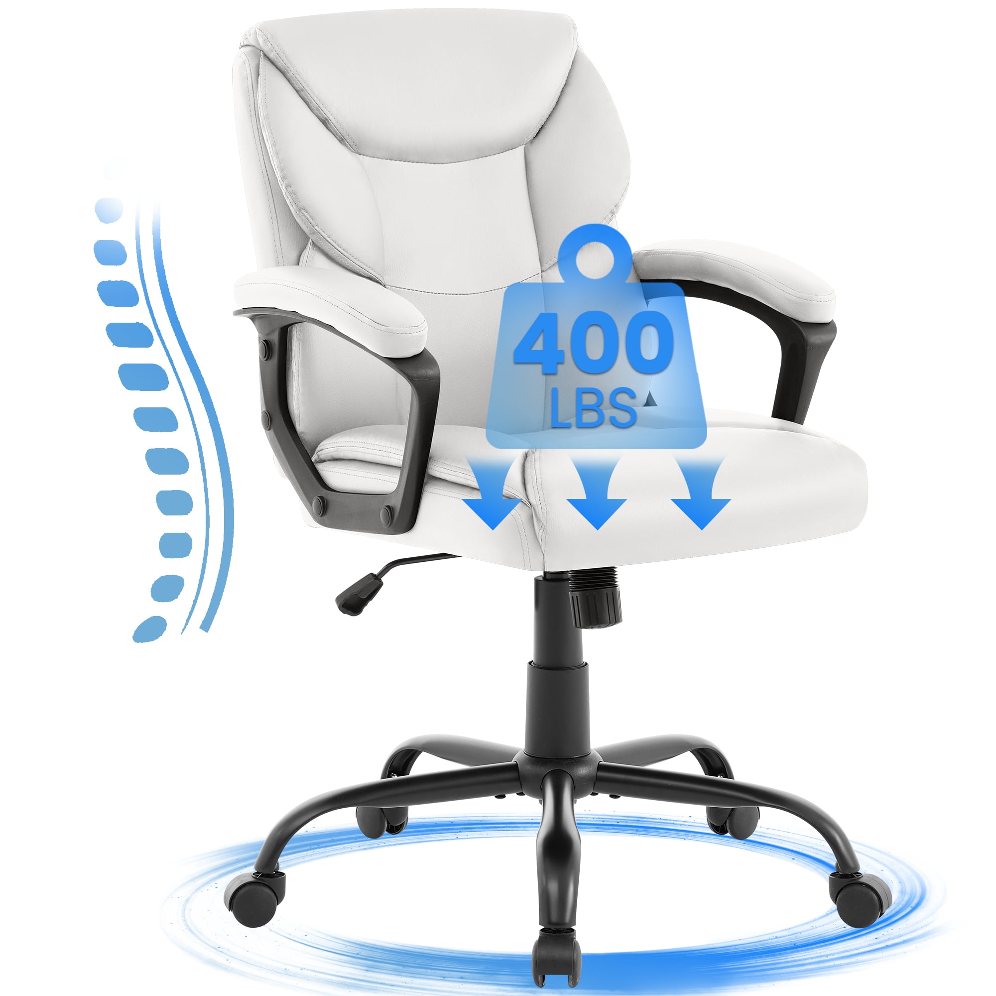 JONPONY Leather Office Chair, Big and Tall 400lbs Ergonomic Desk Chairs with Back Support, Executive Leather Chair with Wheels for Home Office, 360°Swivel Free, White