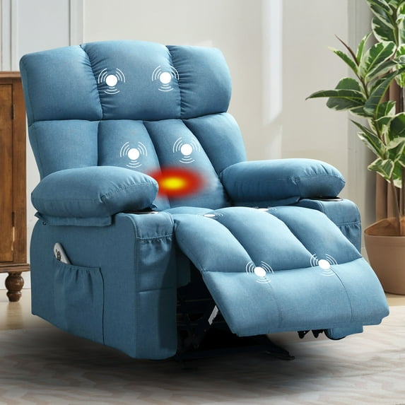 JONPONY Manual Recliner Chair with Heat Therapy and Massage Function, Heavy Duty Reclining Mechanism Massage Chair, Elderly Single Rocker Sofa with Cup Holders for Bedroom Home Theater,Ligth Blue