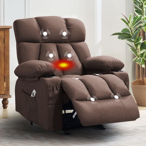 JONPONY Manual Recliner Chair with Heat Therapy and Massage Function, Heavy Duty Reclining Mechanism Massage Chair, Elderly Single Rocker Sofa with Cup Holders for Bedroom Home Theater,Brown