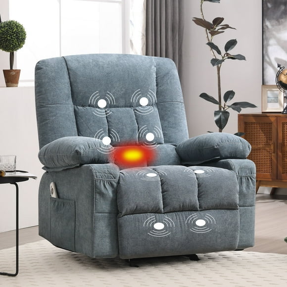 JONPONY Manual Recliner Chair with Heat Therapy and Massage Function, Heavy Duty Reclining Mechanism Massage Chair, Elderly Single Rocker Sofa with Cup Holders for Bedroom Home Theater,Blue