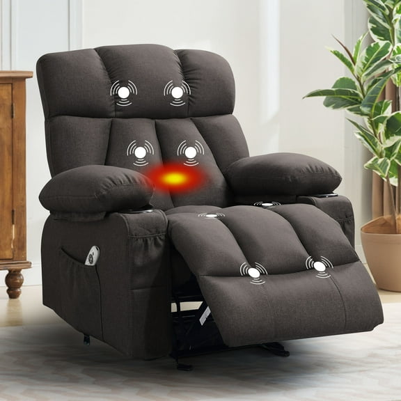 JONPONY Manual Recliner Chair with Heat Therapy and Massage Function, Heavy Duty Reclining Mechanism Massage Chair, Elderly Single Rocker Sofa with Cup Holders for Bedroom Home Theater,Black