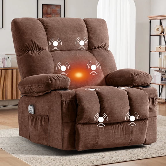 JONPONY Manual Recliner Chair with Heat Therapy and Massage Function, Heavy Duty Reclining Mechanism Massage Chair, Elderly Single Rocker Sofa with Cup Holders for Bedroom Home Theater,Brown