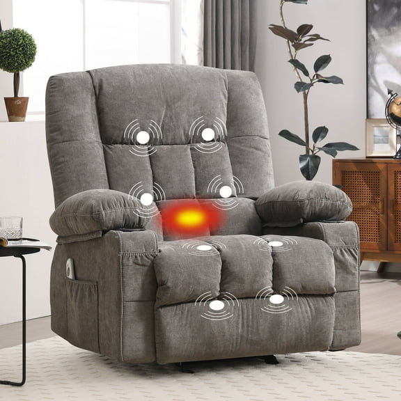 JONPONY Manual Recliner Chair with Heat Therapy and Massage Function, Heavy Duty Reclining Mechanism Massage Chair, Elderly Single Rocker Sofa with Cup Holders for Bedroom Home Theater,Grey