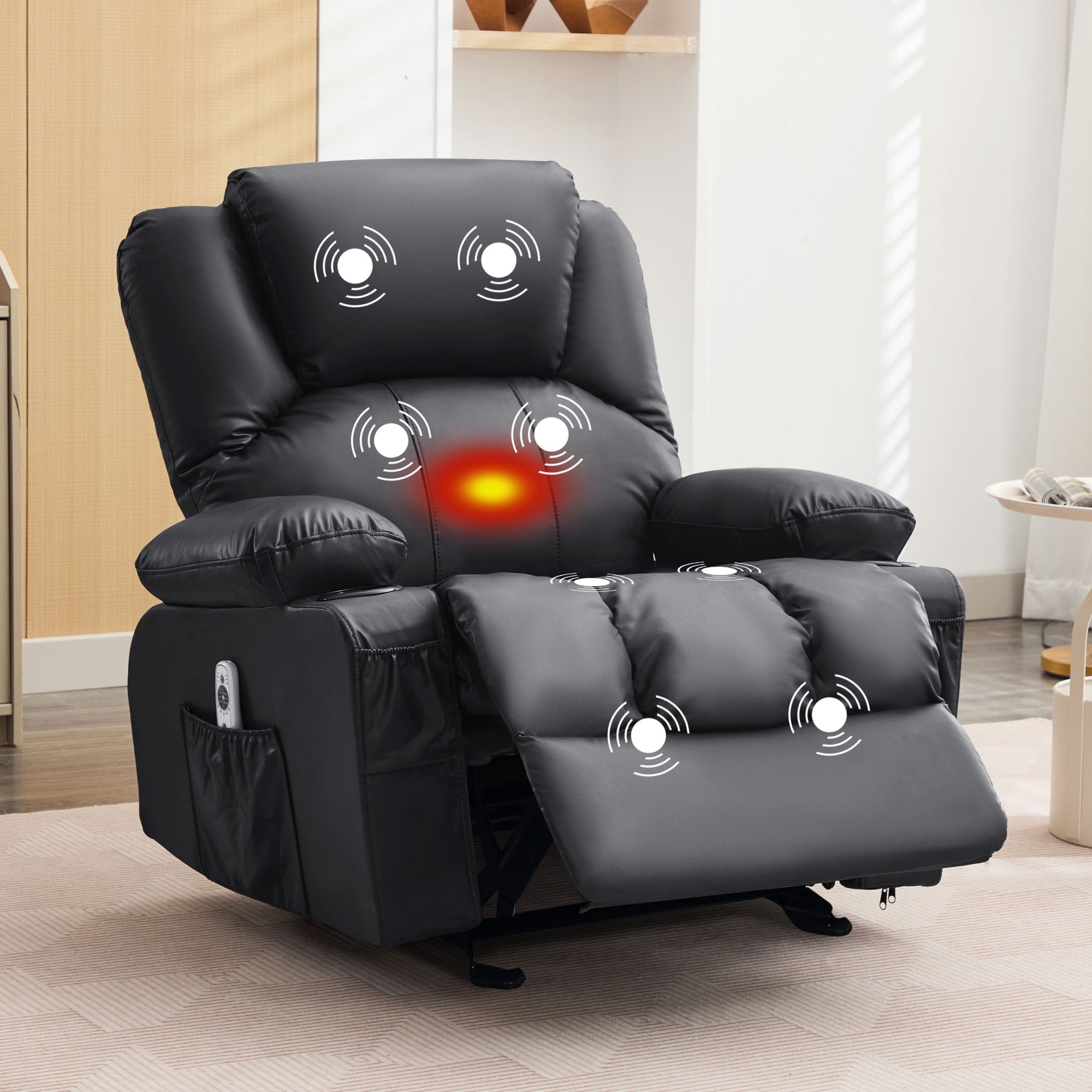 Walmart Deals of JONPONY Manual Recliner Chair with Heat Therapy and Massage Function, Heavy Duty Reclining Mechanism Massage Chair, Elderly Single Rocker Sofa with Cup Holders for Bedroom Home Theater,Black