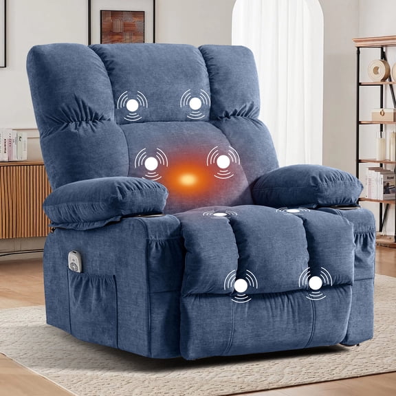 JONPONY Manual Recliner Chair with Heat Therapy and Massage Function, Heavy Duty Reclining Mechanism Massage Chair, Elderly Single Rocker Sofa with Cup Holders for Bedroom Home Theater,Blue