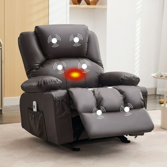 JONPONY Manual Recliner Chair with Heat Therapy and Massage Function, Heavy Duty Reclining Mechanism Massage Chair, Elderly Single Rocker Sofa with Cup Holders for Bedroom Home Theater,Brown