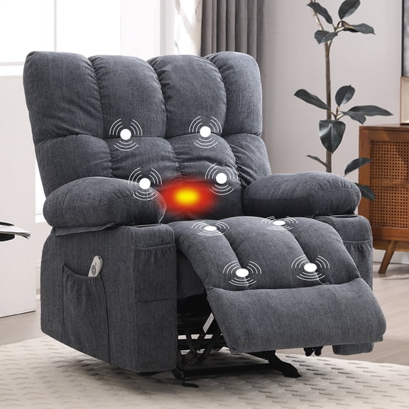 JONPONY Manual Recliner Chair with Heat Therapy and Massage Function, Heavy Duty Reclining Mechanism Massage Chair, Elderly Single Rocker Sofa with Cup Holders for Bedroom Home Theater,Blue