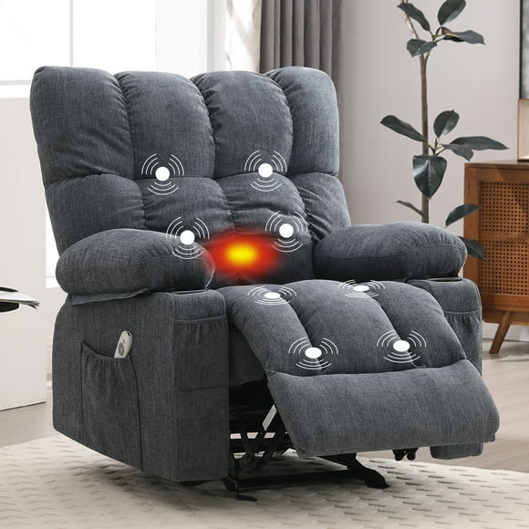 JONPONY Manual Recliner Chair with Heat Therapy and Massage Function, Heavy Duty Reclining Mechanism Massage Chair, Elderly Single Rocker Sofa with Cup Holders for Bedroom Home Theater,Blue