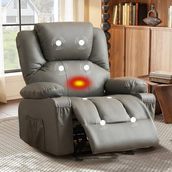 JONPONY Manual Recliner Chair with Heat Therapy and Massage Function, Heavy Duty Reclining Mechanism Massage Chair, Elderly Single Rocker Sofa with Cup Holders for Bedroom Home Theater,Grey